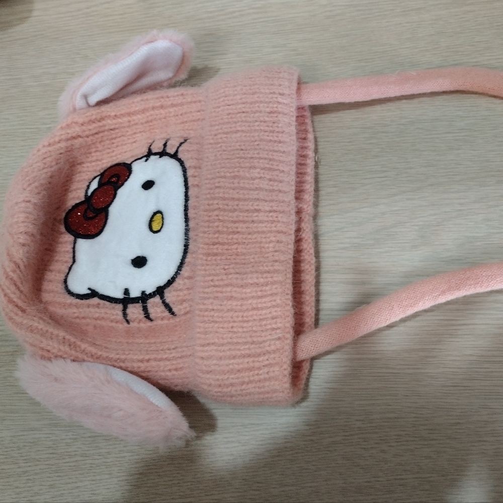 Hello Kitty Pink Knit Beanie with Pom Poms and Red Glitter Bow EARS MOVE! NEW! - Picture 8 of 8